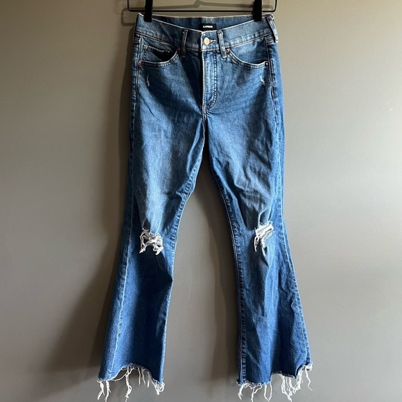 Express Distressed Blue Mid rise Flare Jeans - Picture 1 of 11